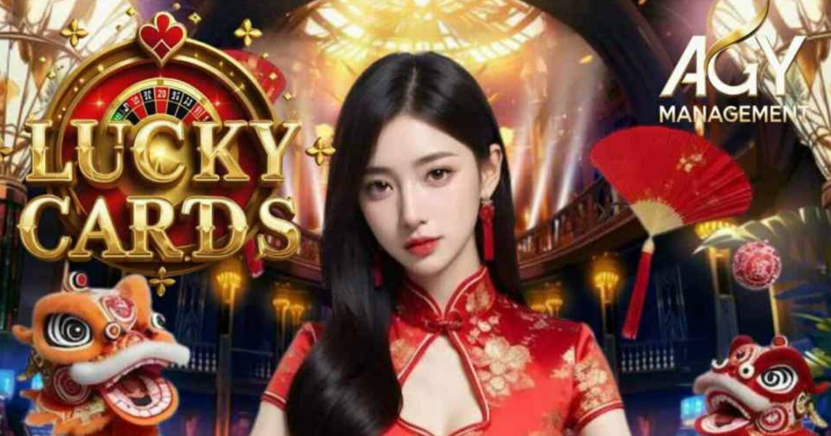 Main banner showing Lucky Cards Casino platform overview with card games and mobile app access